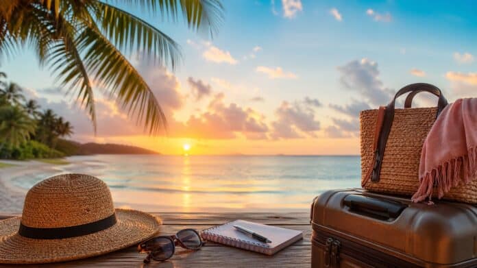 Sonnenuntergang am Strand mit Reisegepäck