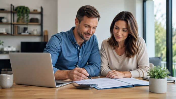 Kreditabschluss gut vorbereitet: Paar prüft Finanzunterlagen am Laptop