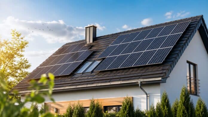 Moderne Solaranlage auf Einfamilienhaus bei sonnigem Himmel – nachhaltige Stromerzeugung im Alltag