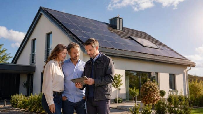 Solaranlage kaufen: Beratung vor dem eigenen Haus mit Photovoltaik auf dem Dach