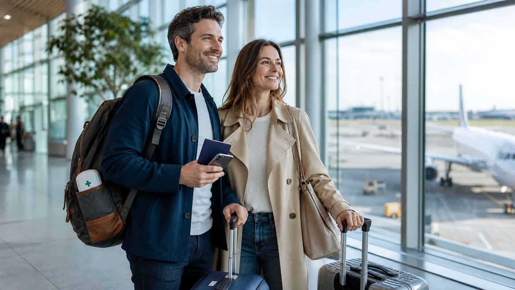 Auslandskrankenversicherung Reisende mit sicherem Gefühl vor dem Abflug im Flughafen