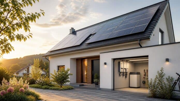 Solaranlage mit Speicher am modernen Eigenheim im Abendlicht